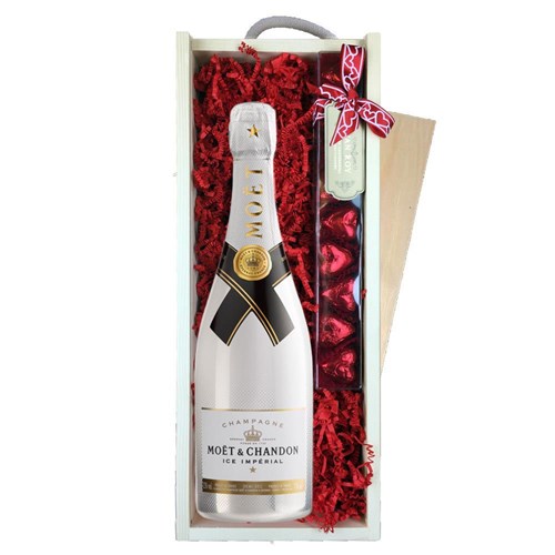 Moet and Chandon Ice White Imperial 75cl & Chocolate Praline Hearts, Wooden Box